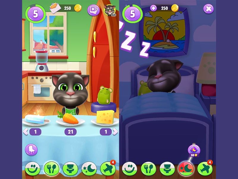 Theo dõi sức khỏe, vui chơi và giấc ngủ của Tom trong My Talking Tom Hack